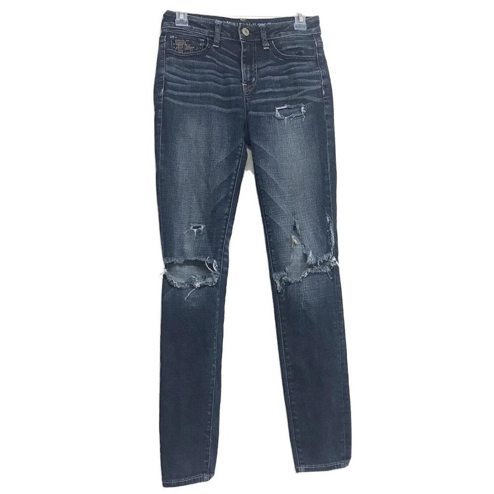 American Eagle 2 Jeggings Distressed Super Stretch Hi-Rise Y2k Denim Jeans Studs